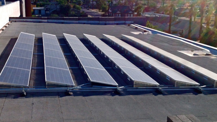 A rooftop solar panel array