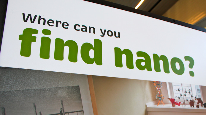 Science museum exhibit sign saying "Where can you find nano?"