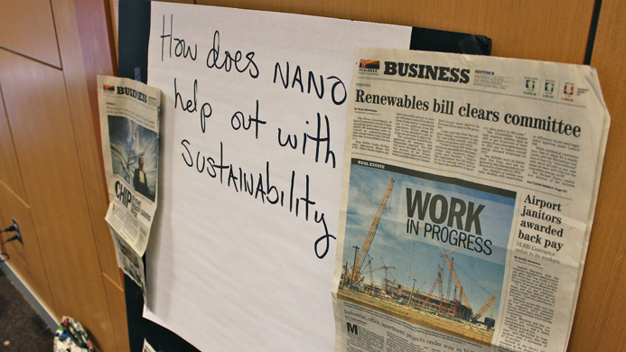 A poster that says 'how does nano help out with sustainability?'